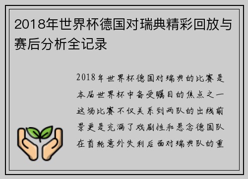 2018年世界杯德国对瑞典精彩回放与赛后分析全记录